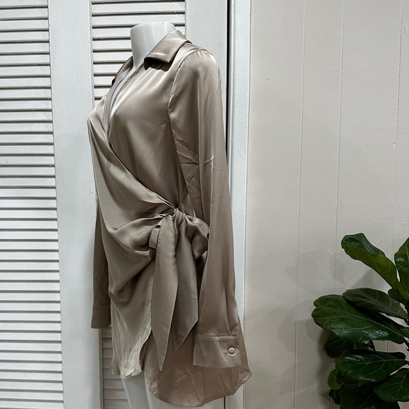 Miss Lola Champagne Satin Wrap Dress Small - Picture 4 of 9